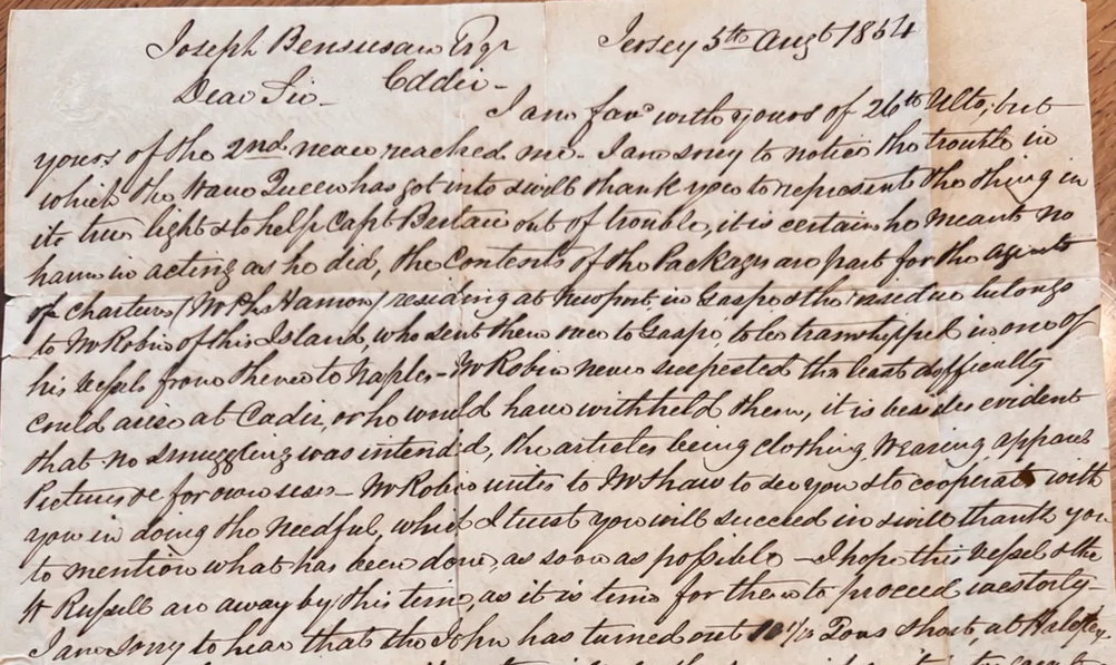 dettaglio lettera commerciale jersey cadice 1834